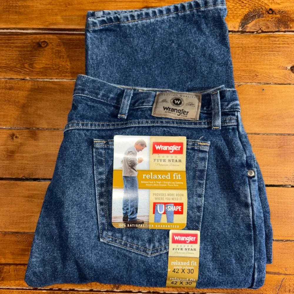 Wrangler Five Star Relaxed Fit Mens Jeans 42x30 Blue Denim 97601DR Workwear NEW
